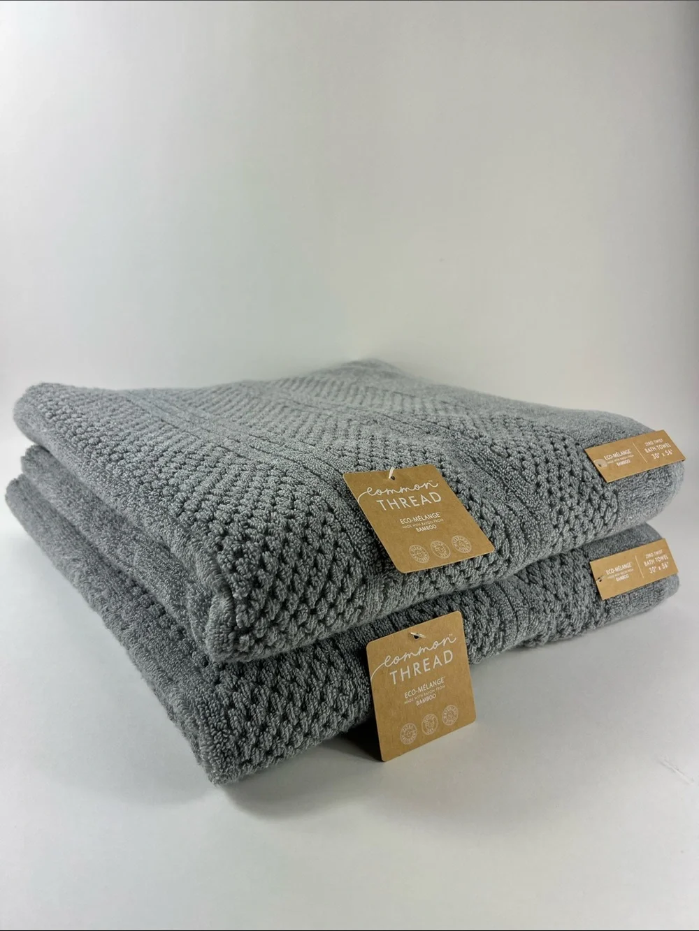 Common Thread Eco Melange BAMBOO Bath Towels Gray Oversized Zero Twist 2 pc NEW